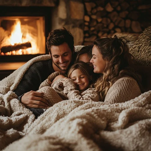 familie die energie bespaart onder warme deken